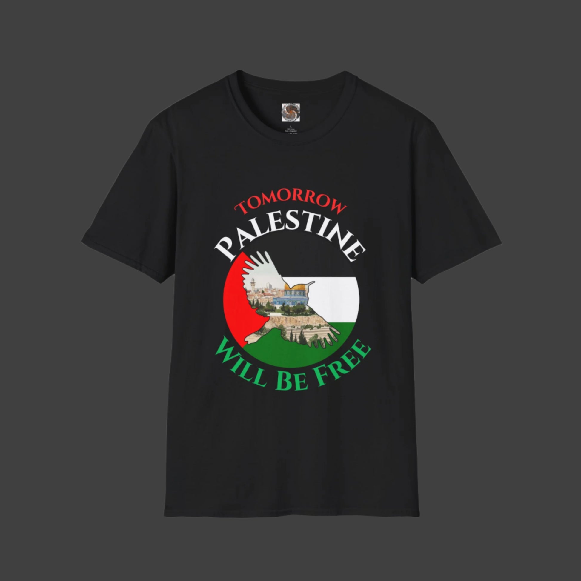 Black t-shirt with graphic design and text on a white background