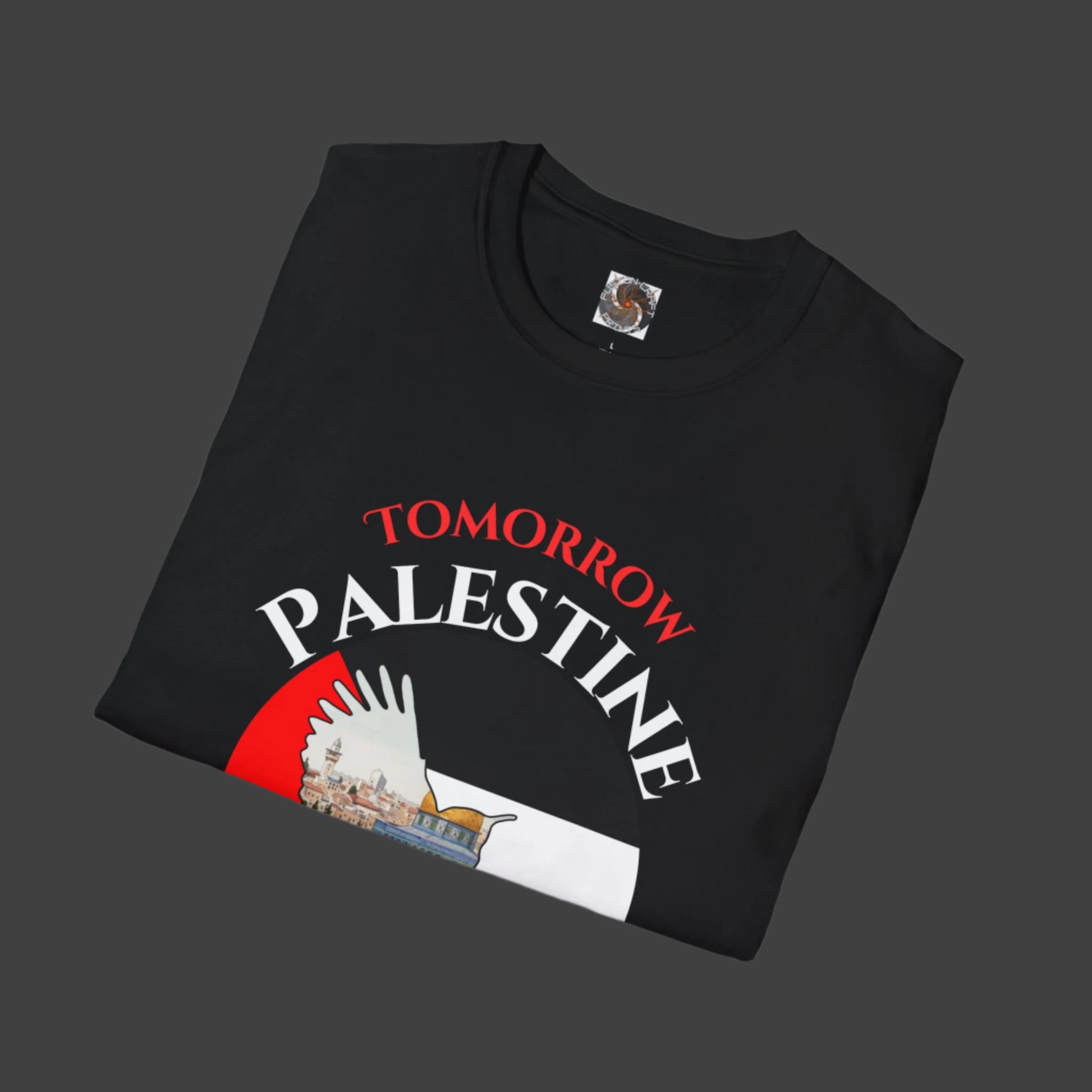 Black t-shirt with 'Tomorrow Palestine' design on a white background